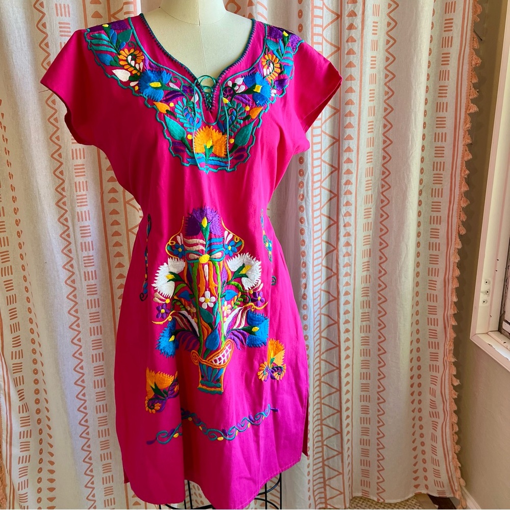 Mexican Embroidered Hot Pink Dress